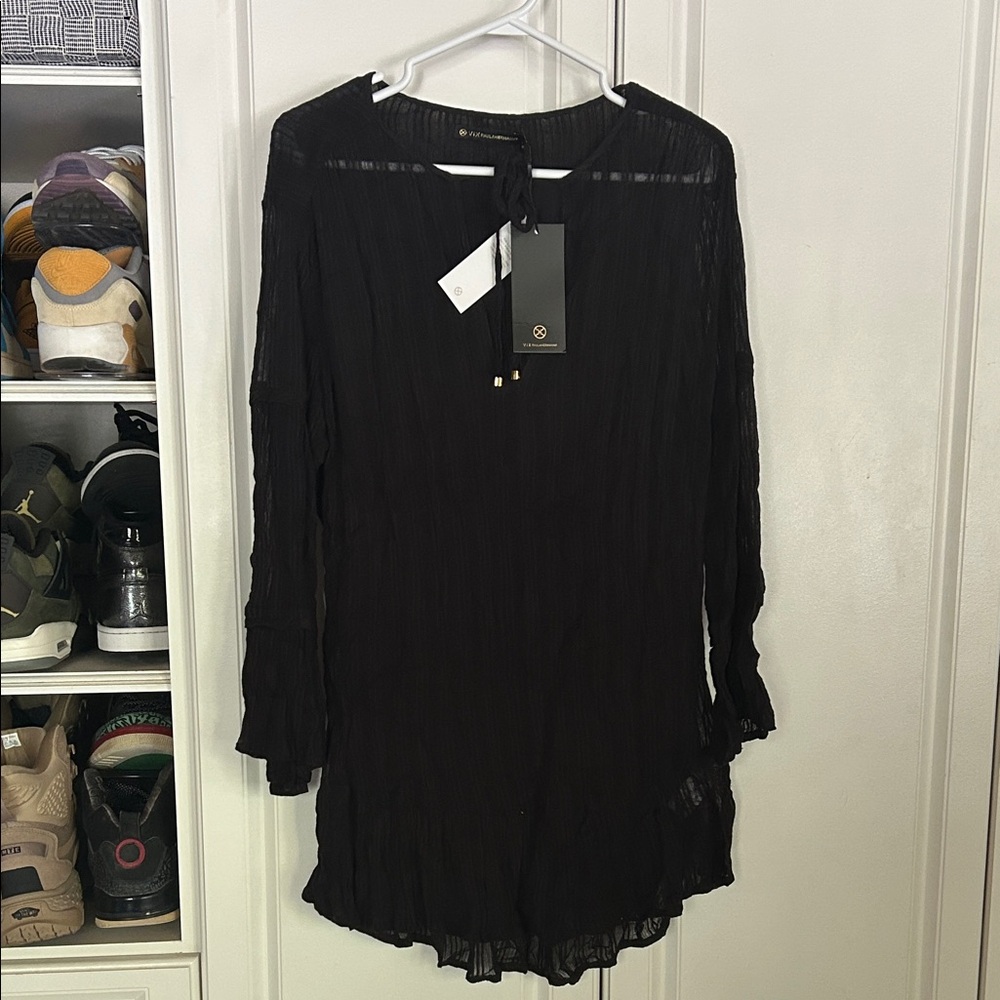 NWT! VIX Paula Hermanny solid ruffle tunic mini Black Sheer long Sleeve Dress